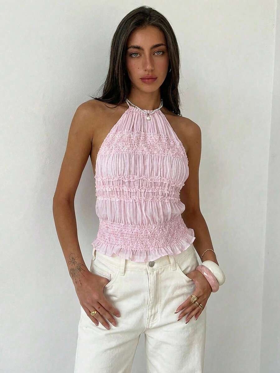 Aloruh Top de tirantes con escote halter y espalda descubierta, color rosa claro, elegante y sexy para mujer - Rosa Pálido - Ver 1