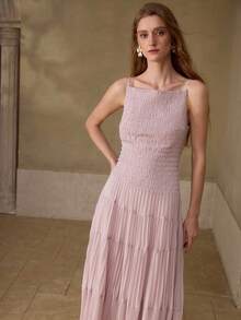 MOTF PREMIUM WOMEN'S ROMANTIC A-LINE DRESS WITH STRUCTURAL DESIGN AND PLEATED DETAILS, SPRING/SUMMER - Dusty Pink - View 4