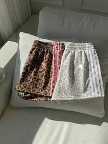 Comfortcana 2026春夏新款豹纹运动马术标志图案两件套，女士休闲简约树枝印花针织拼接宽松短裤，适合运动爱好者、比赛日、夏季假期、音乐节、假日季穿着。动物纹下装两件套短裤，女士舒适短裤，豹纹印花短裤，女士夏季短裤，休闲条纹短裤。 - 彩色 - 查看 1