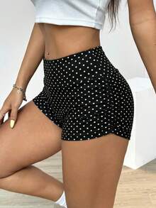 SHEIN EZwear Quần short đạp xe nữ màu trơn xếp ly chấm bi đen trắng, thích hợp cho đạp xe, yoga, thể thao mùa hè, chấm bi Ducati, chấm bi cổ điển, quần short chấm bi phong cách Mỹ, quần short đạp xe, quần short thể thao, giúp thắt eo và nâng mông. - Nhiều màu - Xem 3