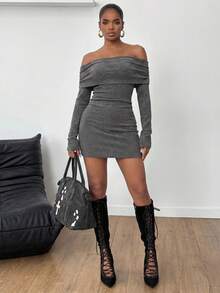 Normani Đầm mini trễ vai dệt kim co giãn, phong cách đường phố Y2K dành cho nữ mùa Thu/Đông, thích hợp mặc hàng ngày. - Xám - Xem 5