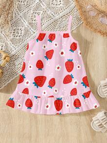 SHEIN Vestido sin mangas con volantes y estampado de flores y fresas, de uso diario cómodo para niñas bebés y pequeñas, de estilo casual, creativo y lindo, para primavera y verano - Multicolor - Ver 2