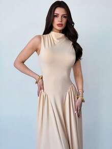 Firerie Women's Elegant Daily Commute Casual Travel Vacation Dress, Apricot Khaki Sleeveless Stand Collar Waist A-Line Slimming Graceful Dress, Beach Dress Outfit, Vacation Dress Outfit, Teacher Dress Outfit - Khaki - View 7