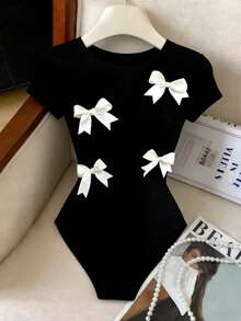 Elenzga 女士蝴蝶结装饰圆领短袖连体衣 - 黑與白 - 查看 4