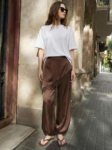 Maija 女士休闲日常纯色撞色蕾丝二合一裤 - 棕色 - 查看 3