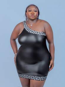 CurvyTilda 女士优雅单肩黑色针织紧身连衣裙，带几何图案，弹性皮革 - 黑色 - 查看 3