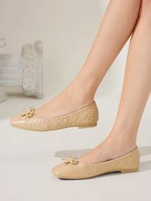 CUCCOO CHICEST Square Toe Loafers, Soft Sole Bow Decor Elegant Versatile Comfortable Slip-On Flat Apricot Shoes Wedding Shoes Spring Shoes Bride Shoes - Apricot - View 4