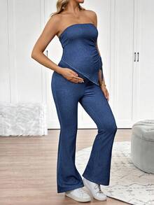 SHEIN 2pcs Maternity Tube Top With Asymmetric Hem & Drawstring And Flare Leg Jeans Set Spring To Summer Carnival Costume Commuting Vacation Graduation Chic Y2k Cute Streetwear Party Wedding Elegant Business Casual Woman Chic Maternity Denim Two Pieces Outfit Strapless Ruched Top And Flared Trousers For Expecting Moms - Blue - View 5