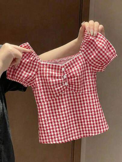 SHEIN Young Girls Casual Minimalist Comfortable Plaid Back Strap Shirt Red Gingham Top Red Checkered Top Cute Babydoll Top Girls Babydoll Top Checkered Baby Clothes Chic Red And White Gingham Blouse With Puff Sleeves And Sweetheart Neckline For Women Vintage Inspired Red Plaid Square Neck Top With Ruffled Short Sleeves For Casual Wear