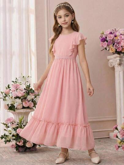 Pitira Vestido largo de gasa elegante para niñas preadolescentes, adecuado para bodas, fiestas, recitales de piano, actuaciones de orquesta, competencias de violín