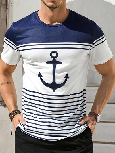 VIVINTIMO Fashionable Casual & Mature Holiday Style Sailor Anchor Striped Ombre Print Regular Fit Men Short Sleeve T-Shirt, Suitable For Outdoor, Vacation, Dates, Parties, A Great Gift For Boyfriend, Sailor Shirt Men, Men Summer Tshirts, Beach Tshirt For Men, Men Cruise Clothes, Men Stripe T Shirt