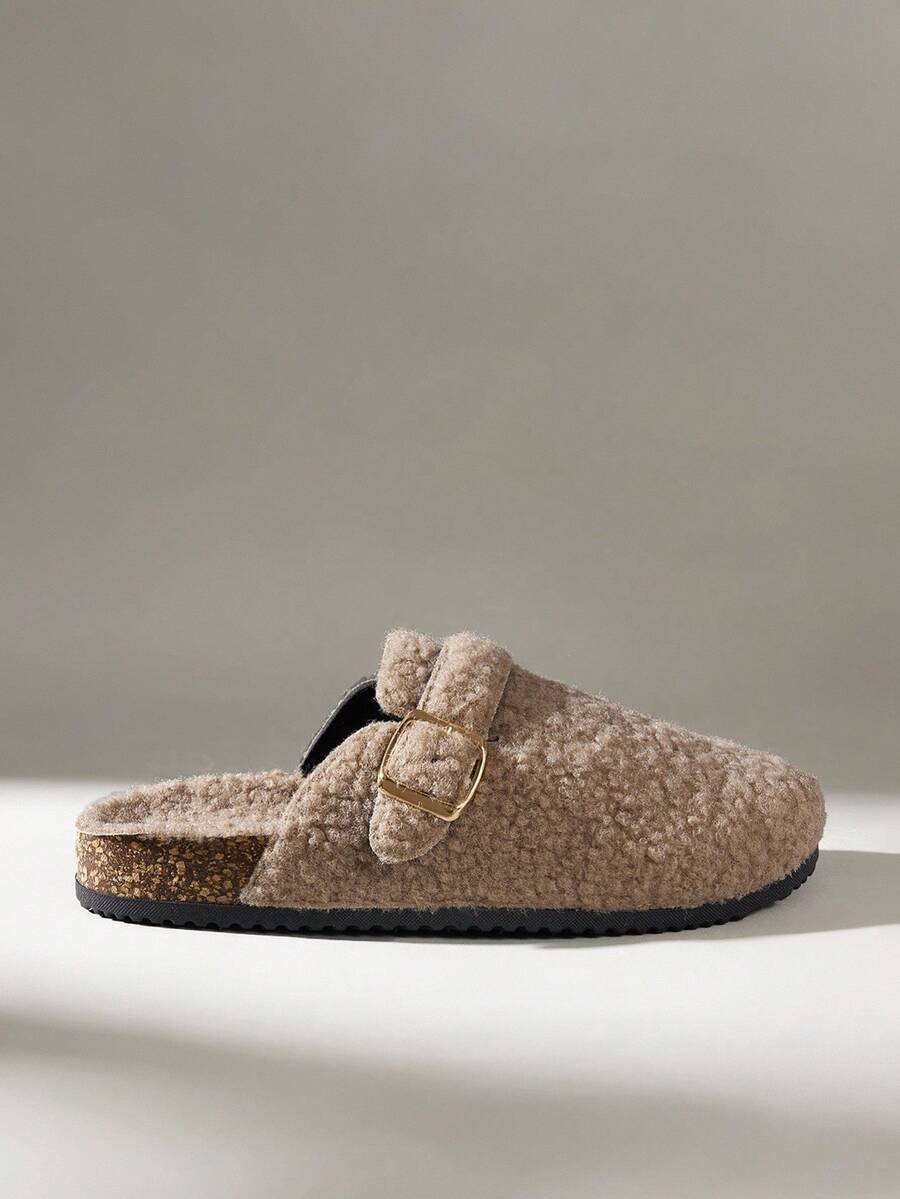 Solecia 女士搭扣设计休闲仿毛皮圣诞节拖鞋 - 深卡其色 - 查看 1