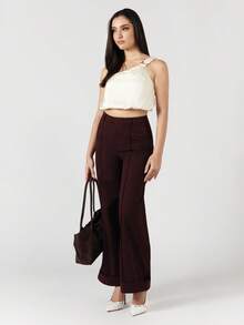 OverBlushhh Pantalon tailleur large à taille haute épais pour femmes, pantalon droit marron élégant, pour le travail de bureau, le printemps - Tabac - Voir 6