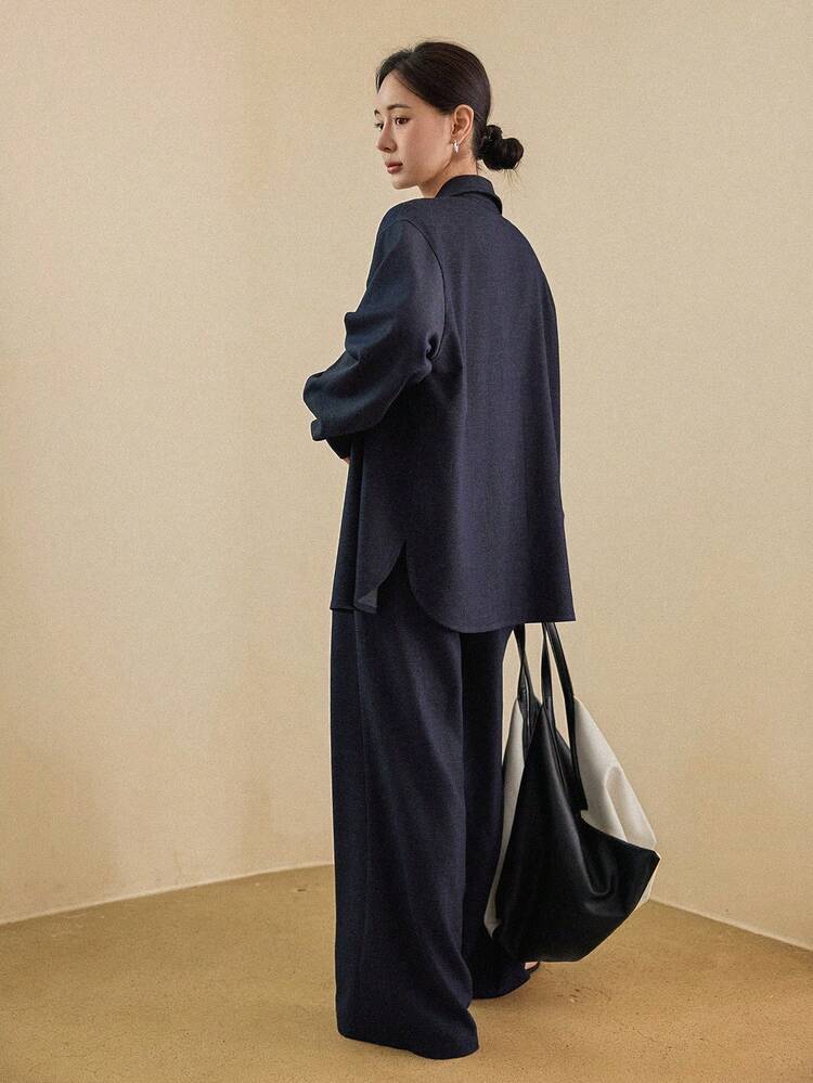 Women's Solid Color Long Sleeve Single-Breasted Shirt And Pants Casual 2 Pieces Set