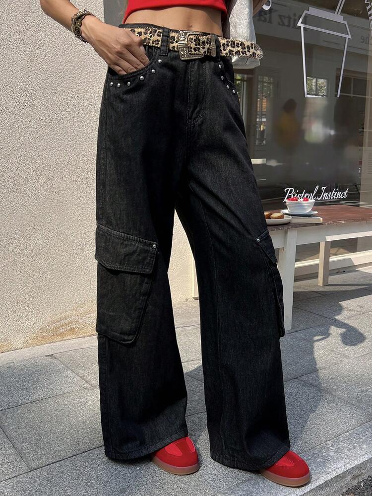 Women's Casual Loose Fit Jeans With Pockets And Rivets, Versatile For Daily Wear