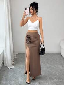 SHEIN Raffinéa 女士春夏新款收腰褶皱花卉拼接高开衩修身优雅浪漫半身裙 - 棕色 - 查看 1