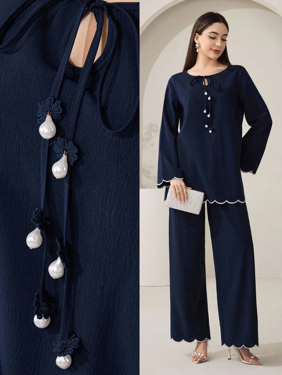 Veilorie 保守休闲波浪刺绣系带女式衬衫 - 藏蓝色 - 查看 1