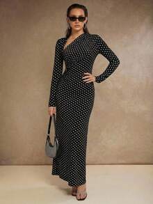 COSMINA Women's Polka Dot Elegant Waist Cinching Long Party Dress - Black and White - View 4