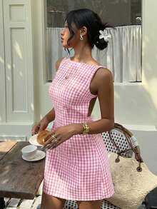 MainGRL Women's White And Pink Cottage Core Gingham Dress,Casual Plaid Backless Sleeveless Round Neck Mini Dress For Summer,Picnic,Vacation,Music Festival - Pink - View 6