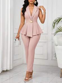 SHEIN Lady 无袖西装套装，优雅浪漫女士修身商务套装，秋冬季女士职业装 - 粉色 - 查看 1