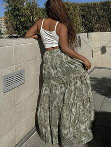 Tyla Gomez 女式波西米亚印花抽绳腰裙，适合日常和节日穿着，春夏季休闲装 - 綠色 - 查看 2