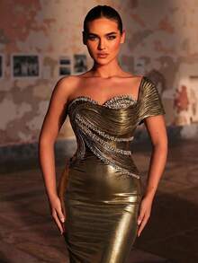 Glamrae 优雅奢华的镀金褶皱露肩袖美人鱼礼服，饰以珍珠和钻石，适合婚礼、派对、度假、盛会、正式场合（装饰繁复） - 金色 - 查看 6