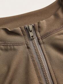 Slaydiva Neuer Frühlingsanfang, Frühlings- und Sommerfestival, Valentinstag, Ostern Lässig, einfacher und Basic Stil, Y2K Street Sweet, tägliches Date, Hot Girl Stil, sexy, sportlich und stilvoll, kleiner Stehkragen, halbe Öffnung Revers, Reißverschluss Stil, langärmliges Top + enge Hose, 3/4 Hose, Hasselblad Faden Dekoration, graubraunes Set für Frauen, Zweiteiler - Kaffeebraun - Übersicht 5