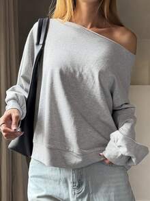 Livesso Women's Wing Print Oblique Shoulder Long Sleeve Casual Loose Sweatshirt - Grey - View 4