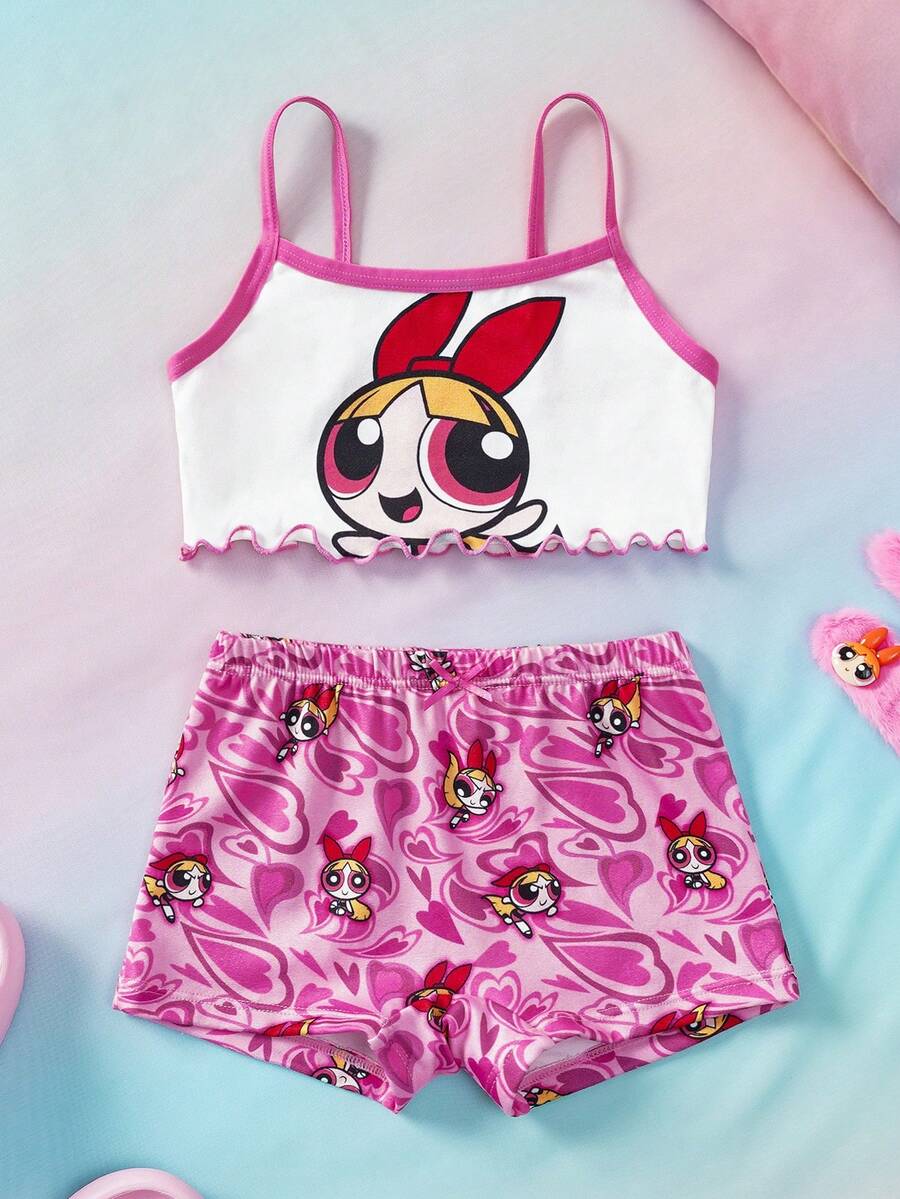 THE POWERPUFF GIRLS X SHEIN Cartoon Print Camisole Top And Boyshort Underwear Casual Daily Lingerie Set - Pink - View 1