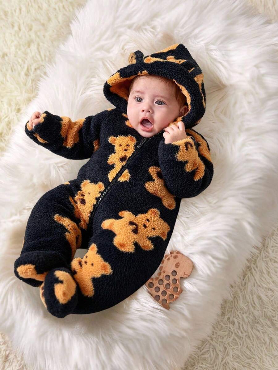 SHEIN Bộ đồ liền thân có mũ trùm đầu họa tiết hoạt hình lông xù dễ thương cho bé trai/bé gái sơ sinh, mùa thu/đông - màu đen - Xem 1