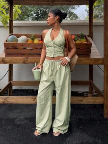 Sunnyshic Women's Casual 2-Piece Set, Minimalist Vertical Striped Sleeveless Tank Top And Flowy Wide Leg Pants, Commuter-Friendly, Suitable For Daily Wear, Spring/Summer - Green - View 3