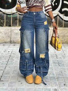 Slaydiva 女士高腰宽松工装口袋破洞阔腿牛仔裤 - 藍色 - 查看 7