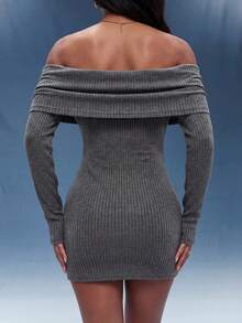 Normani Đầm mini trễ vai dệt kim co giãn, phong cách đường phố Y2K dành cho nữ mùa Thu/Đông, thích hợp mặc hàng ngày. - Xám - Xem 2