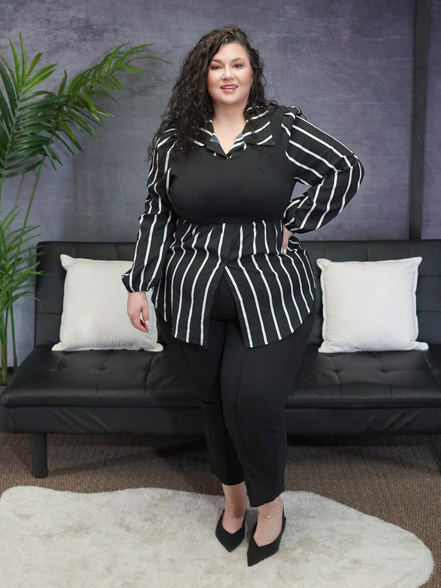 Truni Áo cánh tay dài cổ bẻ kẻ sọc cỡ lớn thường ngày trang phục ngày lễ - Đen và trắng - Xem 1