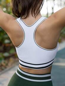 In My Nature Women's Green And White Seamless Striped Sports Bra With Contrast Binding,Removable Cups Yoga Cropped Top For Summer,Athleisure,Gym Outdoor Fitness - Apricot - View 1