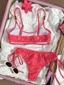 Swim Mod Women's Casual Vacation Beach Tropical Plant Print Bikini Two Pieces Swimwear - Multicolor - View 2