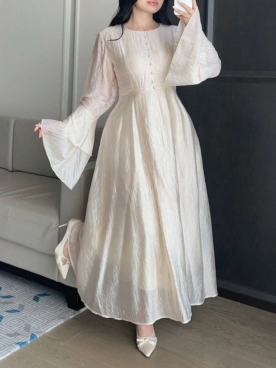 Dazy Plus Plus Size Women Round Neck Ruched Waist Elegant Party Dress Sundress - Apricot - View 1