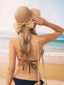 SHEIN Swim Mod 时尚草帽、太阳帽、女士休闲蝴蝶结装饰帽、防紫外线、适合户外、沙滩、轻便时尚 - 草編帽子 - 查看 2
