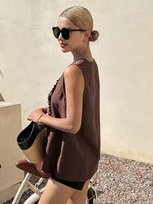 DAZY 女士无袖圆领印花宽松休闲背心 - 棕色 - 查看 5