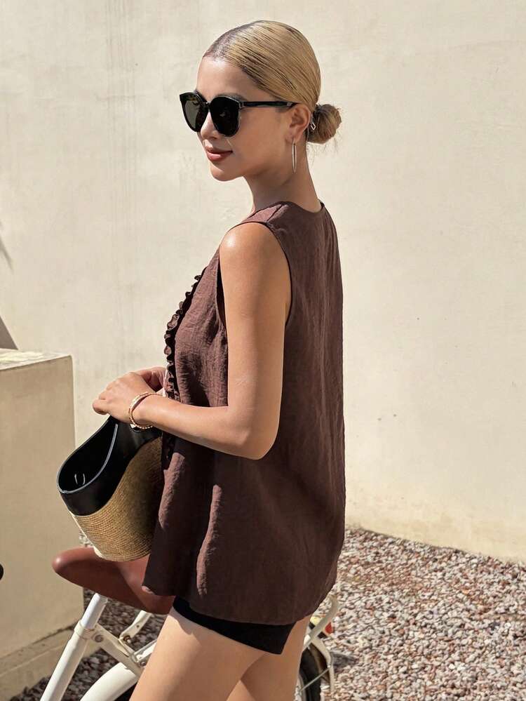 DAZY 女士无袖圆领印花宽松休闲背心 - 棕色 - 查看 5