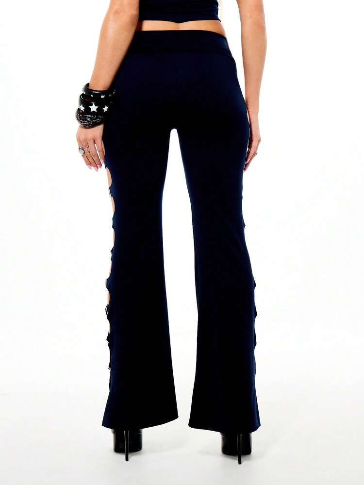 SUMWON WOMEN Flared Leg High Rise Buckle Detail Side Cutout Pants Black Wide Leg Trousers Women Bell Bottom Statement Pants Gothic Style Club Wear