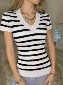 CovetEZ Women's V-Neck Striped Casual Versatile Daily Wear Knit Short Sleeve Top - Black and White - View 2