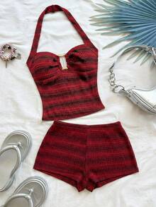 Soleia 女士条纹针织纹理面料金属装饰露背系带露脐上衣和超短裤两件套，适合派对、圣诞节、约会、夜店、海滩、邮轮、下午茶、波西米亚风、度假、秋季等场合。 - 酒紅色 - 查看 1