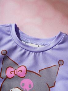 HELLO KITTY AND FRIENDS | SHEIN 女婴卡通印花圆领短袖T恤和喇叭裤休闲套装 - 淡紫色 - 查看 3