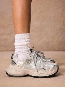 ROMWE Kawaii Women's Sneakers Silver Chunky Sneakers, 2025 Spring New Fashionable Lightweight Thick Sole Versatile Increase Height Mesh Breathable Casual Sports Shoes, - Silver Gray - View 1