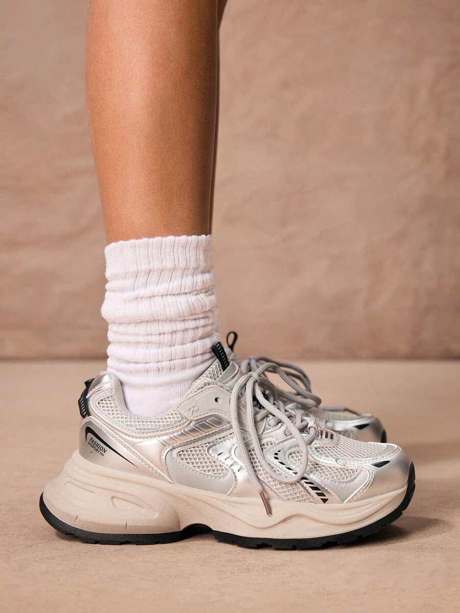 ROMWE Kawaii Women's Sneakers Silver Chunky Sneakers, 2025 Spring New Fashionable Lightweight Thick Sole Versatile Increase Height Mesh Breathable Casual Sports Shoes, - Silver Gray - View 1