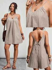 Freevana Cotton Jumpsuit Plus Size Print,Deep V-Neck Backless Tie Strap Retro Pattern Vacation Rompers For Women,Summer Boho Beach Holiday Casual Dress Romper - Khaki - View 2