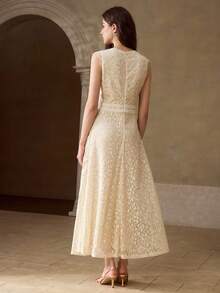 MOTF PREMIUM SUMMER CONTRAST LACE V-NECK DRESS, ELEGANT HIGH-END CINCHED WAIST LUXURY FASHION LACE DRESS FOR WOMEN - Apricot - View 3