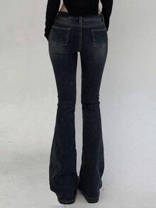 Dazy Tall 女式高腰弹力水洗喇叭牛仔裤 - 深色水洗藍 - 查看 4