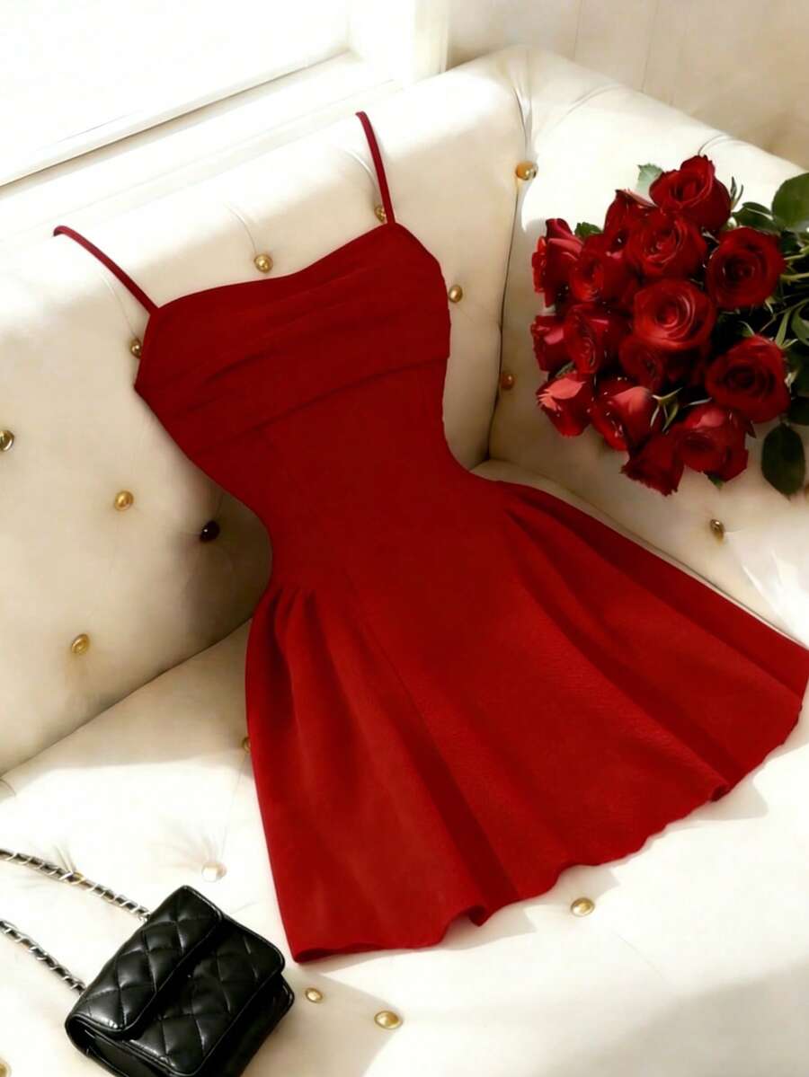 Elenzga 新款针织纹理吊带优雅百搭性感迷你连衣裙，适合情人节派对 - 紅色 - 查看 1